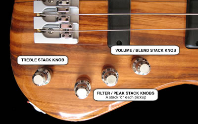 Bass guitar with controls labeled